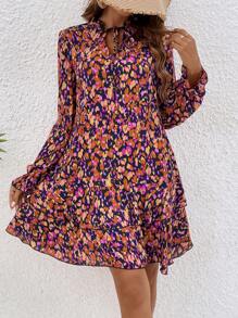 SHEIN Frenchy All-Over Print Notch Collar Ruffle Dress Winter Vacation Flower Beach - Multicolor - View 5