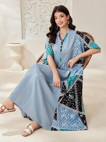 Seusyu 女款拼接印花阿拉伯娃娃圖案洋裝 - 藍色 - 查看 6