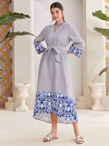 Seusyu Women's Floral Printed Vertical Striped Abaya Dress - Blue - View 5