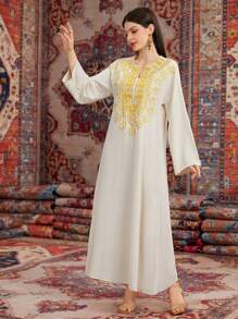 Al Najma 女用刺繡鑲邊領子和缺角領阿拉伯連身裙 - 杏色 - 查看 8