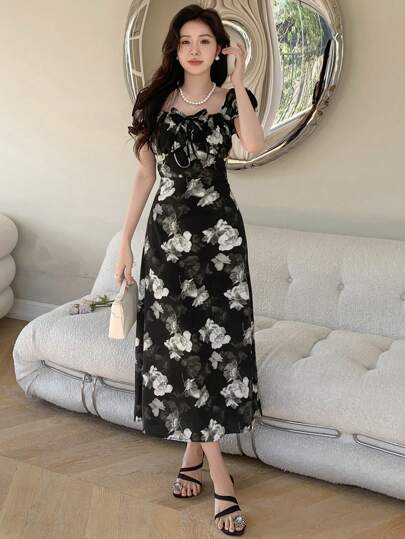 DAZY 女士印花系带连衣裙，挤奶女工连衣裙，度假装，女士邮轮服装