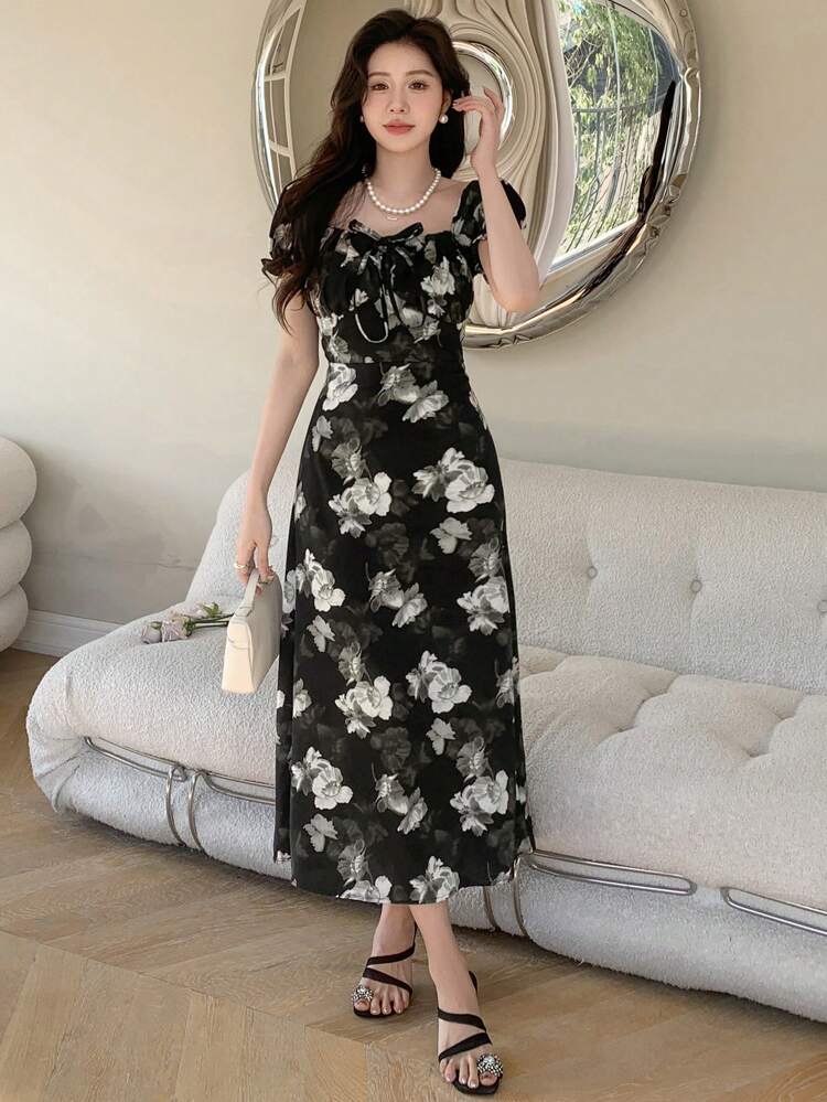 Women'S Floral Printed Front Tie-Up Dress,Milkmaid Dress Sundress Vacation Outfits Women Cruise Outfit For Women Easter Boho