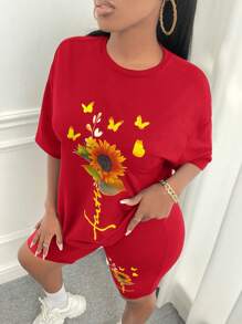 Slaydiva Conjunto De Camiseta Y Pantalones Cortos Con Cuello Redondo Y Estampado De Girasoles Y Mariposas Para Mujer - Rojo - Ver 6