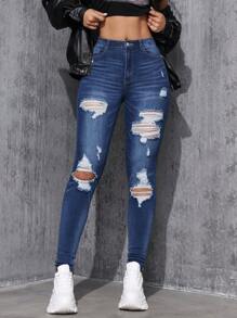 SHEIN EZwear Women's Slim Fit Ripped Jeans - Medium Wash - View 6