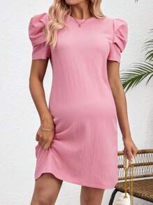SHEIN Elegant Maternity Short Dress With Round Neckline For Workplace - Pink - View 1