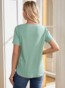 SHEIN Maternity Nursing Solid Color Ribbed Casual T-Shirt World Cup - Mint Green - View 5