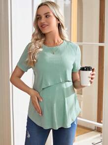 SHEIN Maternity Nursing Solid Color Ribbed Casual T-Shirt World Cup - Mint Green - View 6
