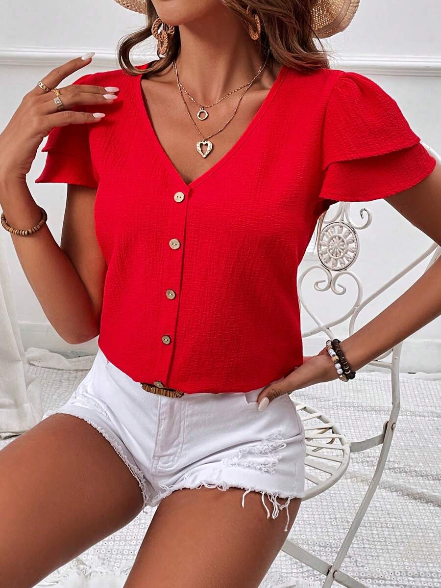 SHEIN VCAY V-Neck Button Front Vacation Blouse - Red - View 1