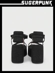Y2K Women's Platform Wedge Sandals Sugerpunk Shoes - Black - View 9
