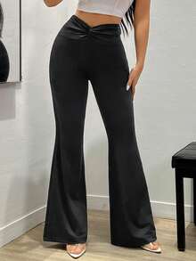 SHEIN Unity Dệt kim Eo cao Xoắn Thiết kế Thon gọn Quần ống loe Đối với phụ nữ - màu đen - Xem 5