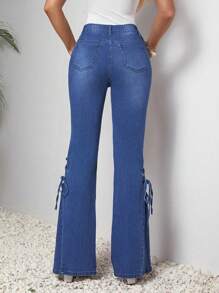 SHEIN LUNE Tie Waist Flared Denim Pants - Blue - View 1