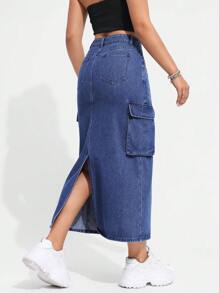 SHEIN EZwear Women's Denim Cargo Skirt - Blue - View 3