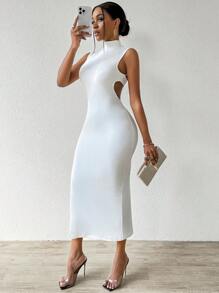 SOLERSUN Đầm Maxi xẻ khoét sâu màu trơn cho nữ Trang phục dành cho nữ - trắng - Xem 2