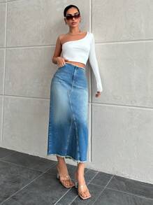 EURMUSE Denim Skirt With Frayed Hem And Back Split - Medium Wash - View 1