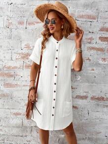 SHEIN LUNE 純色釦前女襯衫連身裙 - 白色 - 查看 3