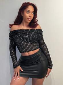 Slaydiva Off Shoulder Silver Foil Print Top