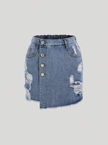 Teen Girls' Ripped Denim Skort, Casual Loose Fit And Comfortable, Hip Hop Street Style - Medium Wash - View 1