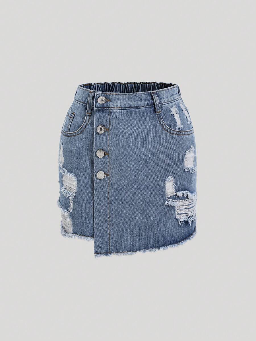 Teen Girls' Ripped Denim Skort, Casual Loose Fit And Comfortable, Hip Hop Street Style - Medium Wash - View 1