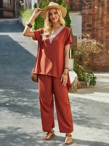 EMERY ROSE Của phụ nữ trái cam Ren Nối Mặt trước Ngắn Trở lại Dài Hem Áo Và Thẳng Quần Bộ Cho mùa xuân - Đỏ - Xem 6