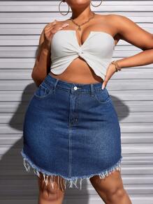 SHEIN SXY 女款大尺碼前長邊短磨邊時尚牛仔裙 - 深色水洗藍 - 查看 1