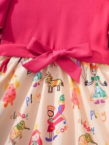 SHEIN Rochie pentru fete Tween, vintage, cu model de desene animate, broderie cu flori, cu guler răsturnat, cu mâneci bufante