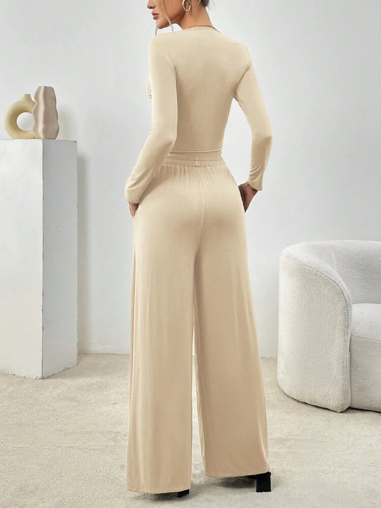 Women'S Solid Color Asymmetrical Ruched Hem T-Shirt And Wide Leg Pants Set