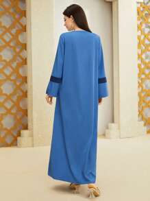 Al Najma Color Block Printed Splice Notched Neckline Dress Kaftan Jalabiya Dress - Blue - View 2