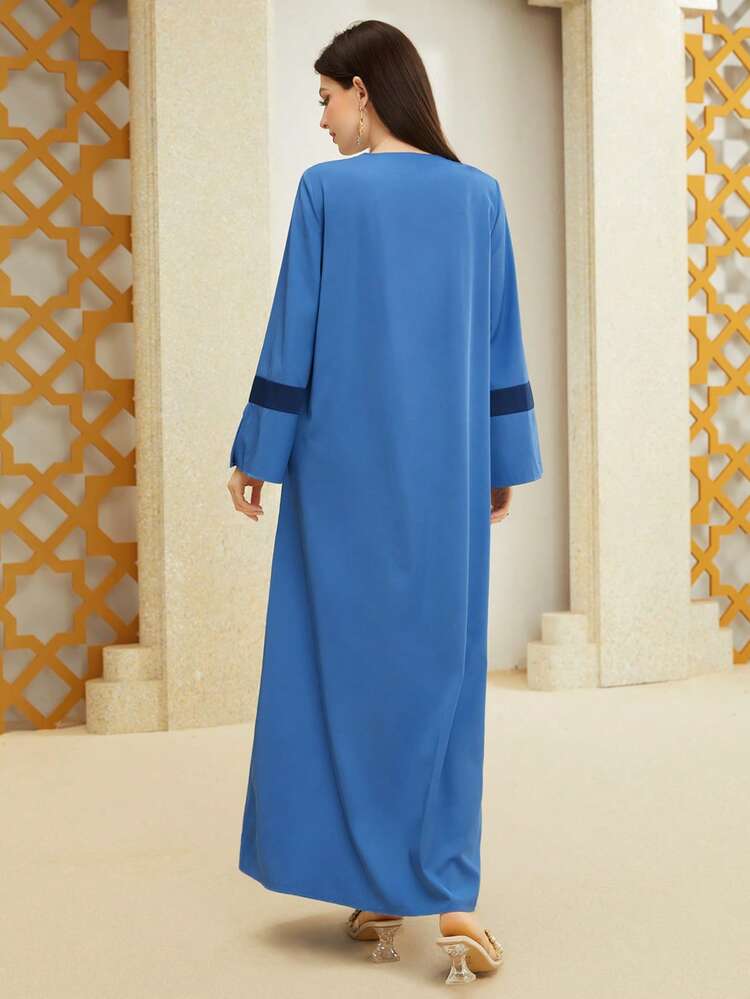 Color Block Printed Splice Notched Neckline Dress Kaftan Jalabiya Dress