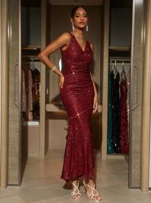 SHEIN Belle Đầm dạ hội cổ chữ V đính hạt màu đỏ tía cho nữ - Màu Đỏ Sâu - Xem 4