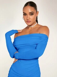 SHEIN BAE Women'S Foldover Off Shoulder Ruched Bodycon Dress - Blue - View 3