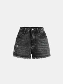 SHEIN Quần short denim mài mòn kiểu Y2K màu xám carbon dành cho bé gái tuổi teen - Màu Xám nhạt - Xem 1