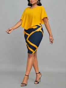 SHEIN Lady Women's Geometric Print Patchwork Ruffle Hem Bodycon Elegant Office Dress, Spring & Summer - Multicolor - View 5