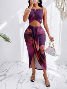 Zolique Tie Dye Allover Print Twist Knot Cutout Ruched Wrap Bodycon Dress - Purple - View 5