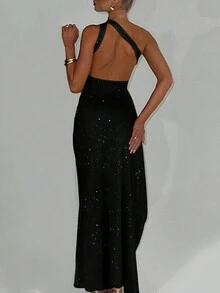 女用不對稱領口露背高開衩連身裙 - 黑色 - 查看 3