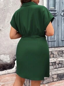 Vionelle Women Plus Size Solid Color V-Neck Gathered Waist Dress - Dark Green - View 2