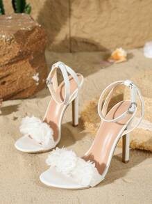 Women'S Fashionable White Pu Leather Thin High-Heeled Sandals With Flower Decoration