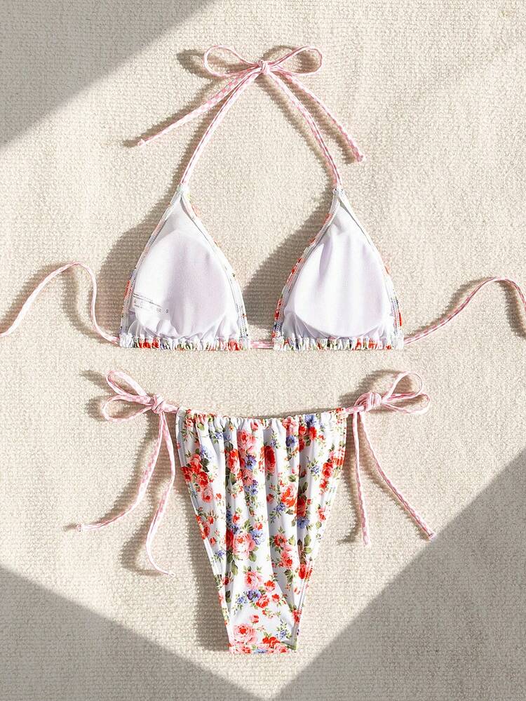 Summer Women'S Random Floral Printed Knotted Side Bikini Swimwear Set
