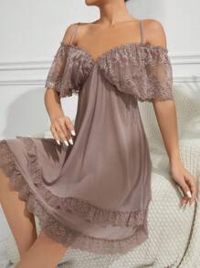 Slumberist Women's Lace Panel Hollow Out Shoulder Sleep Dress Pajama Dress, Moo Moo Sleep Dress - Dusty Pink - View 3