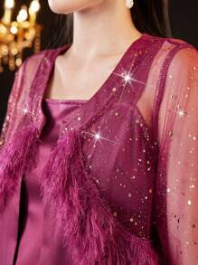 Modelyn Bộ áo khoác lưới dài tay đính sequin và váy hai dây cho nữ Bộ 2 món - Đỏ - Xem 7