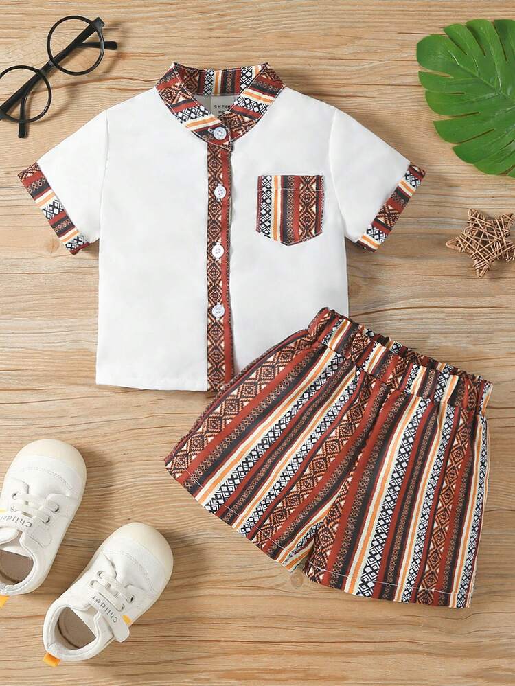 2pcs/Set Baby Boy Vintage Print Short Sleeve Top And Shorts Set, Summer