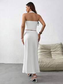 SHEIN Privé 女士純色法式領口露背背心外套和長尾魚裙,適合婚禮、節日、約會和度假 - 白色 - 查看 2