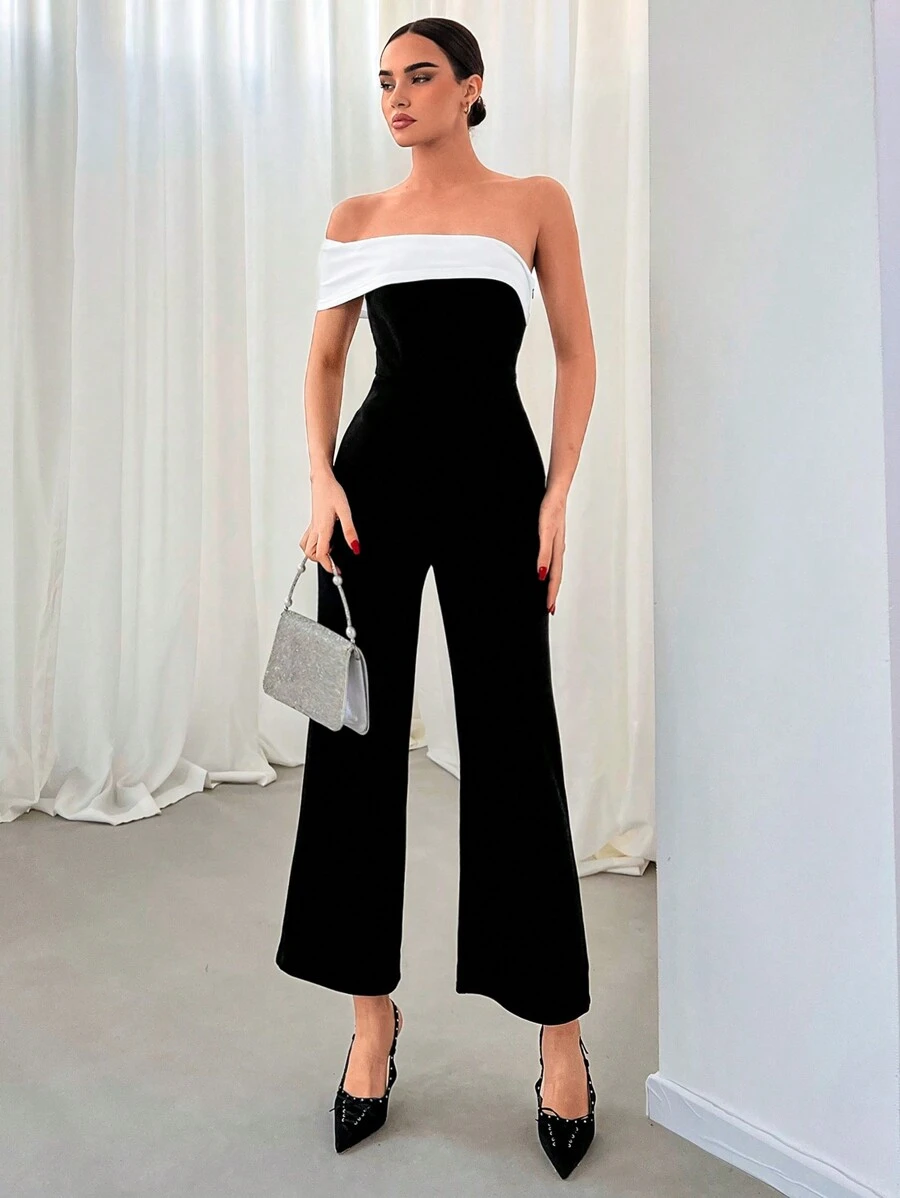 Aloruh Women's Contrast Color One Shoulder Jumpsuit, Suitable For Romantic Date, Party And Commuting - Black - View 1