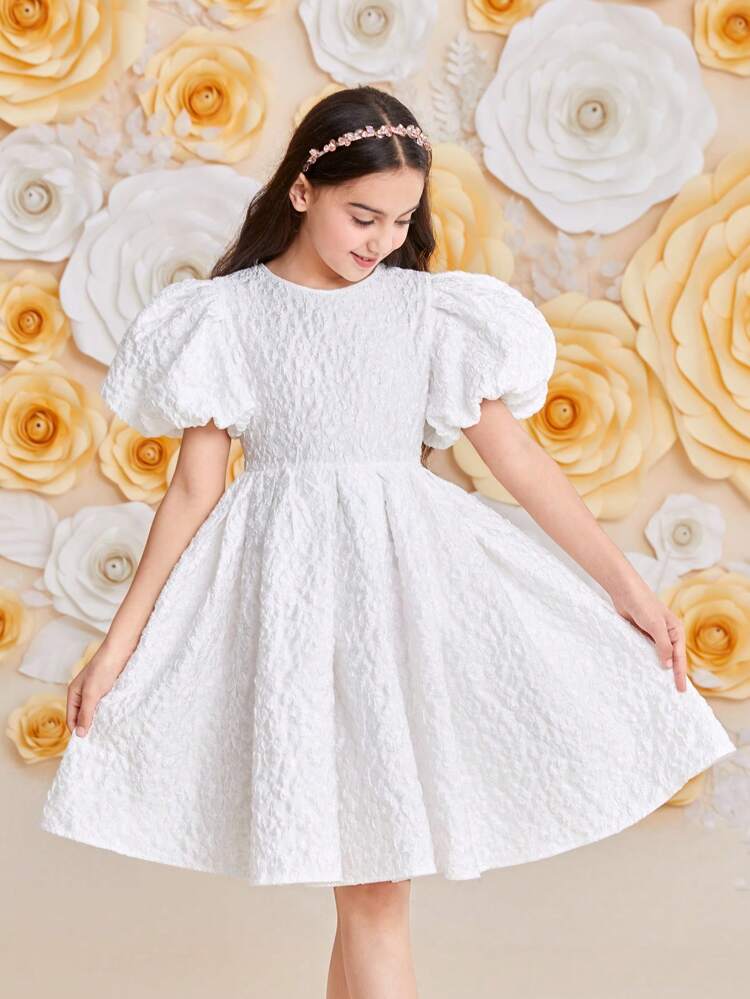 DRMZ Tween Girl Tween Girl Cute Vintage Puff Sleeve Short Sleeve Dress With Bowknot Back