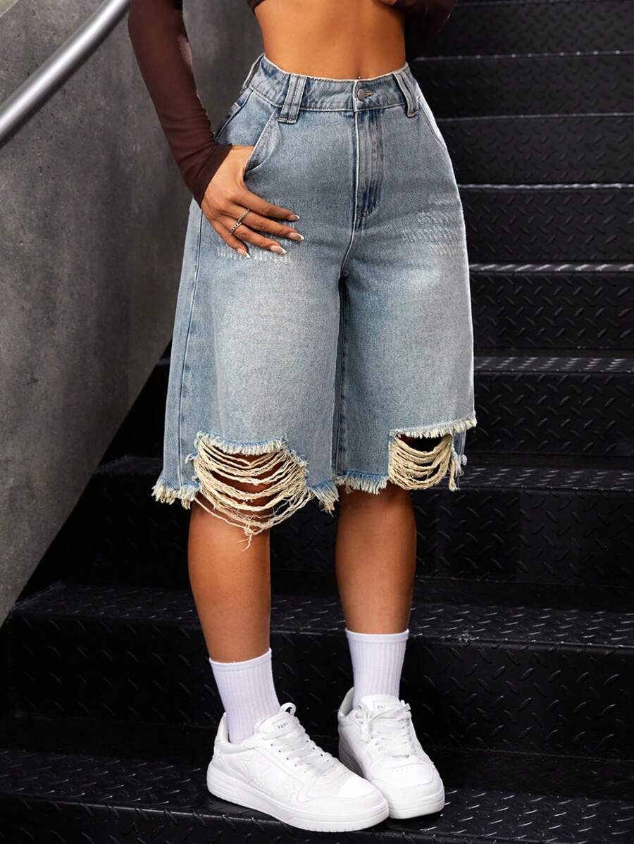 SHEIN ICON Shorts De Mezclilla Rasgados Y Holgados Para Mujer - Azul - Ver 1