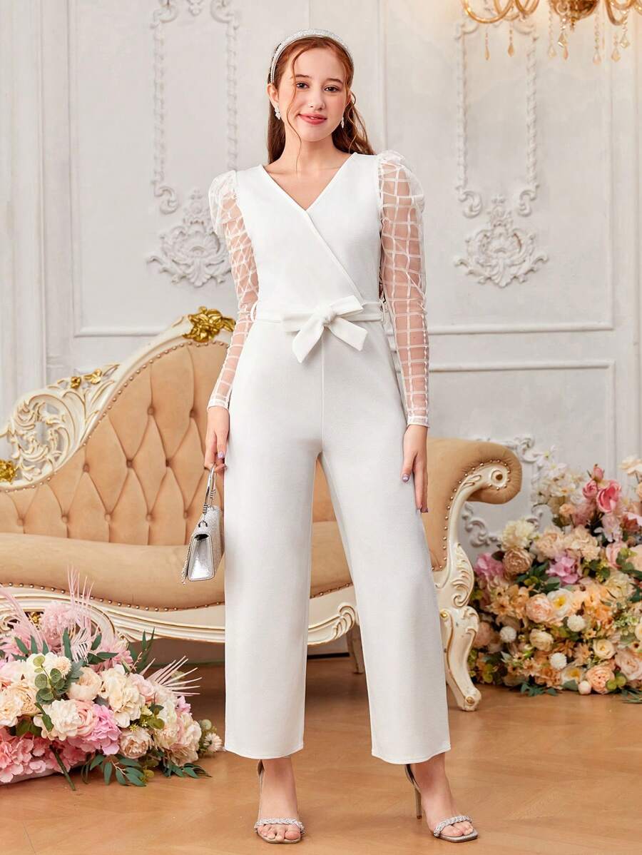 SHEIN 少女拼接透視網紗膨脹袖v領連身褲