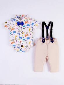 Em bé Con trai Đẹp trai Quý ông Phong cách Ngắn tay Romper Với Cổ áo sơ mi Và Dây treo Dài Quần 2 Miếng Bộ , Mùa xuân/Mùa hè - Nhiều màu - Xem 4