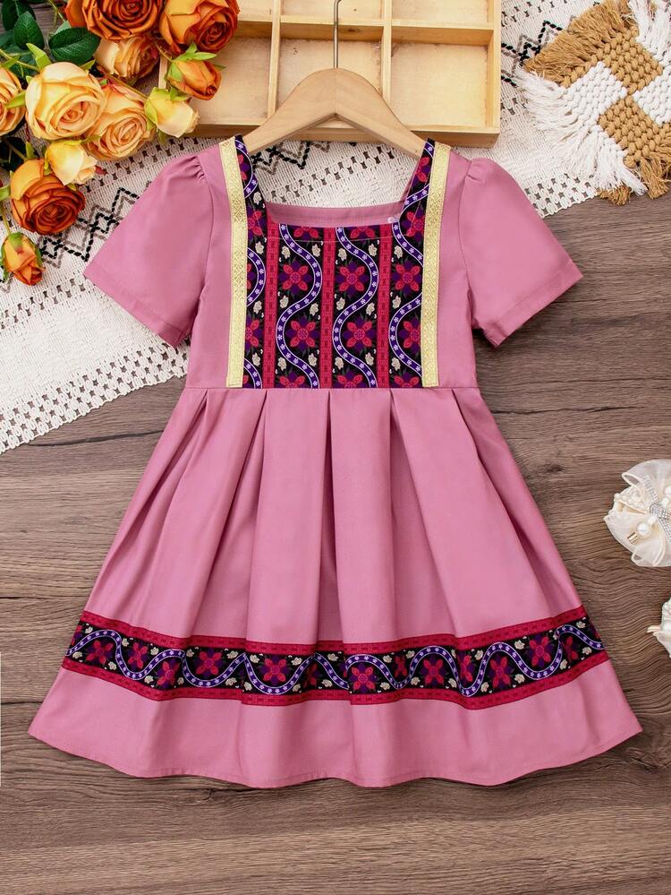 Young Girl'S Exotic Style Vintage Princess Short Sleeve Dress, Perfect For Daily Wear And Festive Parties