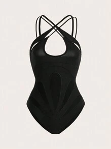 SHEIN ICON 修身2合1交叉帶網紗拼接連體褲 - 黑色 - 查看 3