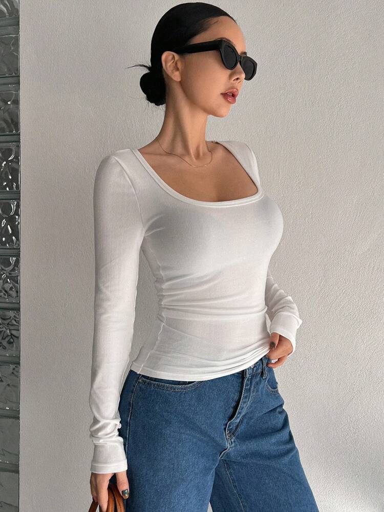 Solid Color Slim Fit Long Sleeve T-Shirt,Fall Clothes