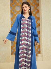 Al Najma Color Block Printed Splice Notched Neckline Dress Kaftan Jalabiya Dress - Blue - View 5